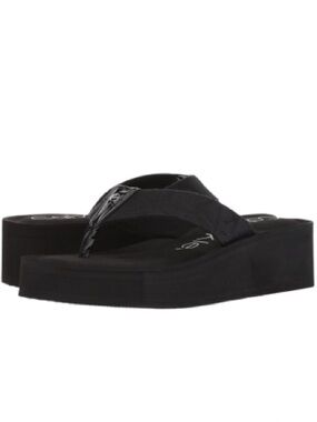 Calvin Klein Women's Mulan Logo Black Wedge Thong Slides Sandals Size 10 NIB